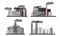 Industrial Buildings and Factories Vector Set. Plants with Chimneys Discharging Manufacturing Smoke