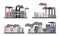 Industrial Buildings and Factories Vector Set. Plants with Chimneys Discharging Manufacturing Smoke