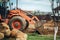 Industrial bulldozer details - working with soil on construction site