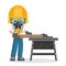 Industrial cabinetmaker or carpenter worker in his personal protective equipment using a wood saw. Industrial safety and