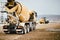 Industrial Cement truck on highway construction site. Heavy duty machinery at work on construction site