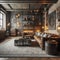 Industrial chic living room with exposed brick walls, metal acc