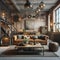 Industrial chic living room with exposed brick walls, metal acc