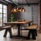 An industrial-chic loft dining room with a reclaimed wood table and exposed brick walls3