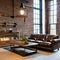 Industrial Chic: A loft-style living room with exposed brick walls, metal piping, and salvaged factory lights Leather sofas and