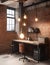 industrial chic workspace with exposed brick walls vintage typewriters and Edison bulb lights