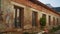 Industrial city street with old red brick building. Stock footage. Sunny empty street with an old house.