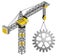 Industrial cogwheel hanged on isolated crane drawing