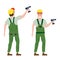 Industrial construction worker character with with a screwdriver tool, installer, front and back view. Vector, isolated