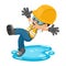 Industrial construction worker slipping on a puddle of water. Industrial safety and occupational health at work