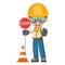 Industrial construction worker with a stop warning sign and safety cone. Worker with his personal protective equipment. Industrial
