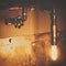 Industrial design lamp with pipes, valves and lightbulb, metallic interior decoration