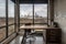 industrial desk with rolling chair and view of city skyline