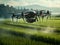 industrial drone flies over the green field and sprays useful pesticides to increase productivity