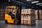 Industrial efficiency Forklift in action, loading pallets and warehouse boxes