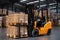 Industrial efficiency Forklift in action, loading pallets and warehouse boxes