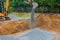 Industrial excavator for foundation building construction site, bucket details, dirt gravel