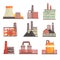 Industrial factory buildings set. Modern power plants, manufacture buildings colorful vector Illustrations