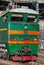 Industrial green cargo train diesel locomotive cabin