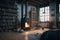 industrial home, with cozy fireplace and bookshelf, for relaxing evening