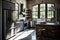 industrial home kitchen with sleek appliances, concrete countertops and farmhouse sink