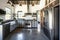 industrial home kitchen with sleek appliances, concrete countertops and farmhouse sink