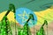 Industrial illustration of oil wells - Ethiopia oil industry concept on flag background. 3D Illustration
