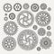 Industrial illustration set of mechanical metal wheels gears and cogwheels. Vector monochrome illustrations