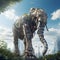 Industrial Imagination - A futuristic robotic elephant stands tall amidst a sprawling cityscape, showcasing the harmony