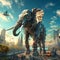 Industrial Imagination - A futuristic robotic elephant stands tall amidst a sprawling cityscape, showcasing the harmony