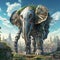 Industrial Imagination - A futuristic robotic elephant stands tall amidst a sprawling cityscape, showcasing the harmony