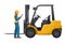 Industrial inspector inspecting a lift truck. Preventive maintenance of an industrial forklift. Industrial storage and