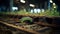 Industrial-inspired Green Caterpillar Crawling In Train Tracks