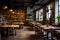 The industrial interior is a loft-style bar with modern wooden furniture, large light windows and evergreen plants