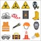 Industrial job work safety equipment flat icons set. Radiation and chemical protection.