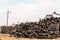 Industrial landfill for the transformation of waste tires and rubber tires. Stack of old tires and wheels for rubber recycling