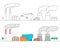 The industrial landscape. Different types of plants. Two long pipes. Two atomic reactor. Thin line style vector Illustration, isol