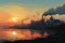 Industrial landscape with polluting factory at sunset. Vector illustration