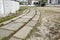 Industrial landscape with railroad.Bending tram rails