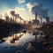 Industrial landscape with smokestack and reflection in water.