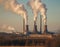 Industrial landscape with smokestack and smoking chimneys.