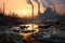 Industrial landscape with smokestack at sunset, 3d render, industrial landscape with polluted river, pollution of the environment