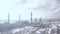 Industrial landscape smoking chimney on power factory in modern city drone view. Smoke emission from industrial pipes on