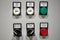 Industrial machine control panel with buttons and signals. center alarm button emergency, stop, side shift, overload, aktive