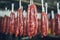 Industrial meat processing: rows of gourmet sausages
