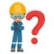Industrial mechanic worker pensive and expressing doubt with giant question sign for FAQ concept. Industrial safety and
