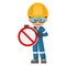 Industrial mechanic worker with prohibited sign. Engineer with his personal protective equipment. Safety first. Industrial safety