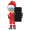 Industrial mechanic worker with Santa Claus hat with mobile phone. Concept of communication, notification and contact. Merry