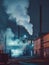 Industrial Night: Smokestacks and Steam Against Twilight Sky