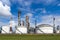 Industrial pipelines and silos at an oil refinery plant